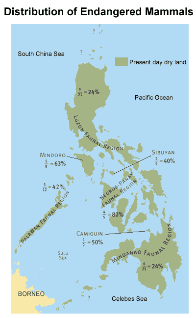 As a result of habitat destruction, all of the faunal regions in the Philippines have endangered species of unique mammals. Between 24 and 80 percent of the total unique species present in each faunal region are endangered. This makes the Philippine fauna the most severelyendangered in the world. (Updated and redrawn from Heaney, 1993) 